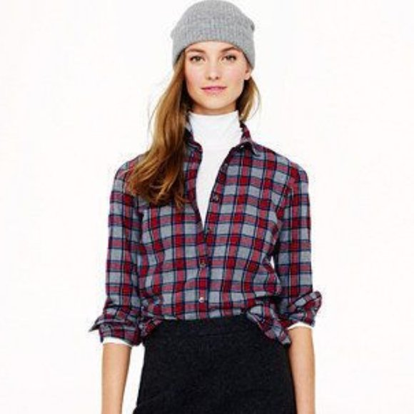 J. Crew Tops - J. Crew Grey and Red Plaid Flannel Boy Button Down